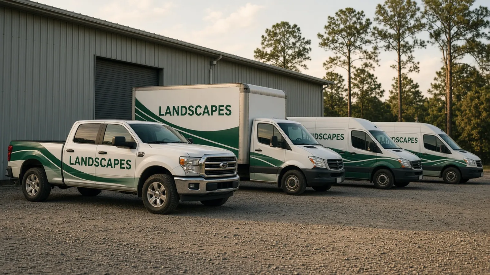A pickup, a box truck and two vans in matching green and white graphics outside a warehouse