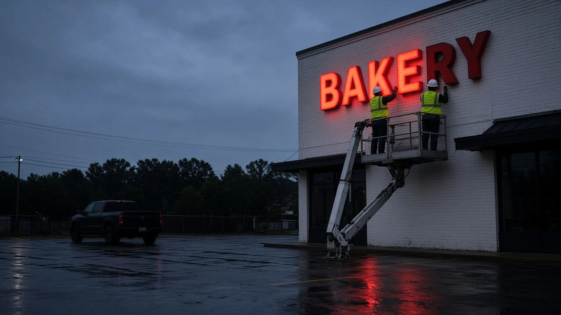 Two installers on a bucket truck mounting lit red channel letters on a brick building at dusk