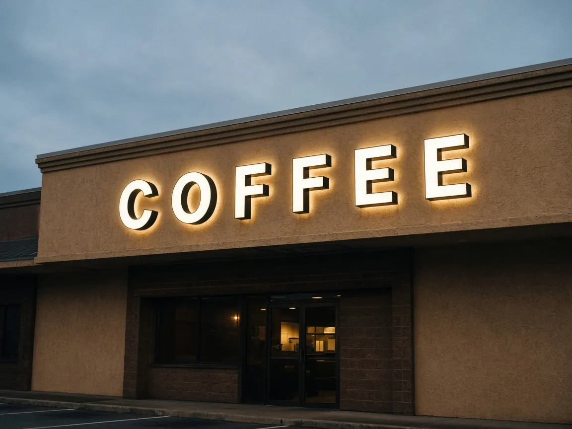 Lit white channel letters spelling COFFEE on a tan storefront at dusk
