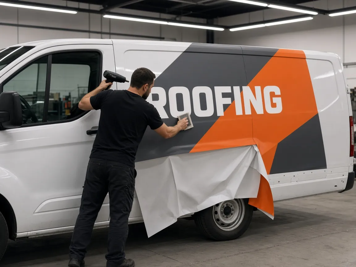 An installer applying a printed vinyl wrap to the side of a white van in a workshop
