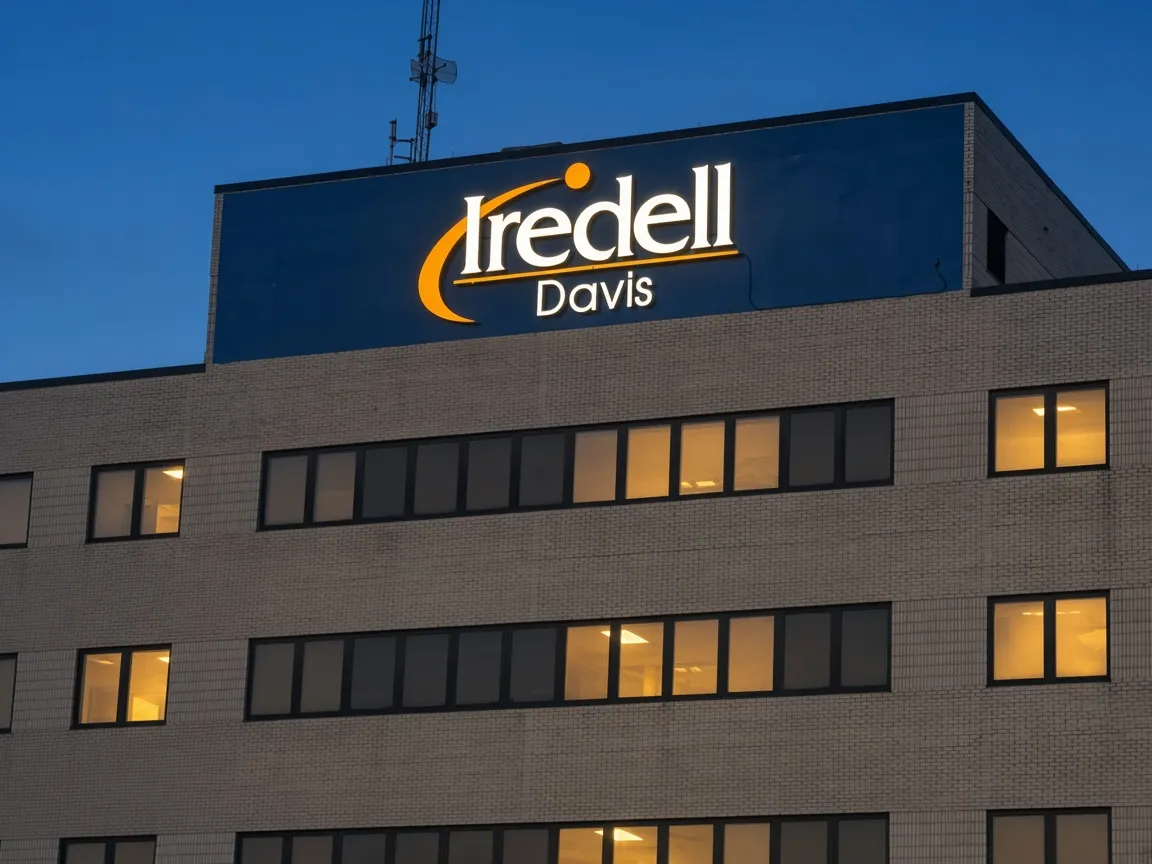 Lit Iredell Davis lettering on a blue panel at the top of an office building at dusk