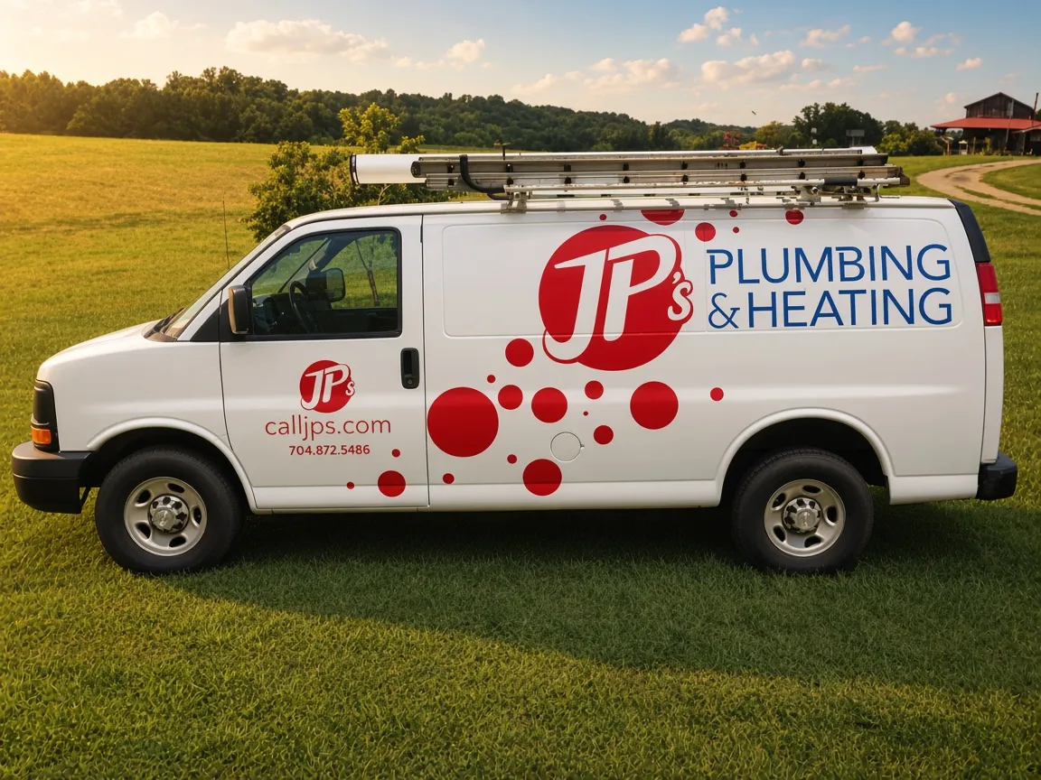 White JP's Plumbing and Heating van with a red bubble graphic, logo, web address and phone number
