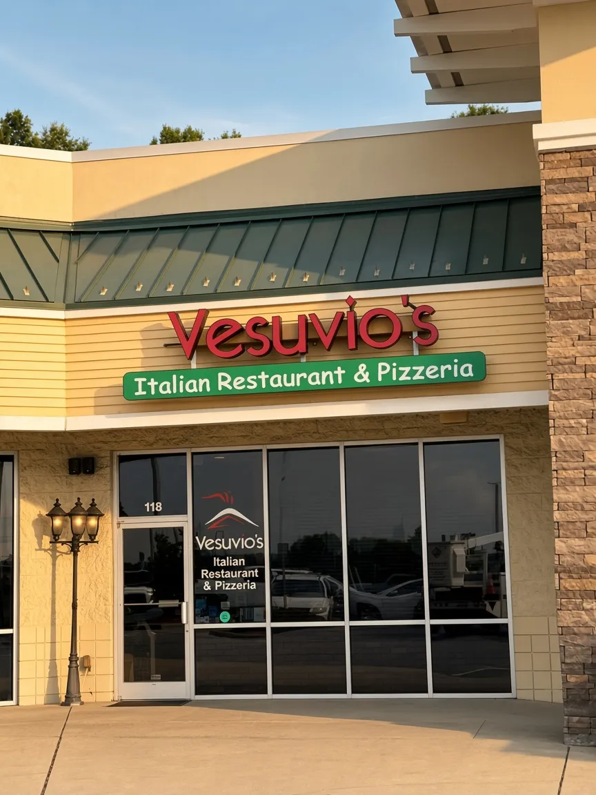 Red dimensional Vesuvio's lettering and a green Italian Restaurant and Pizzeria panel above a storefront